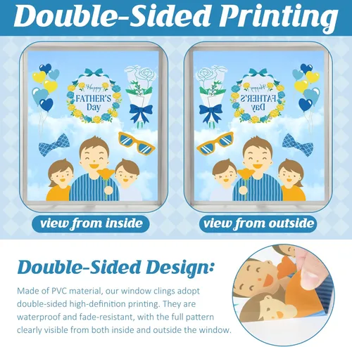 Miniatura 3 de 77 calcomanías para ventana del Día del Padre, 9 hojas de decoración azul para el Día del Padre, calcomanías de doble cara para ventanas de vidrio