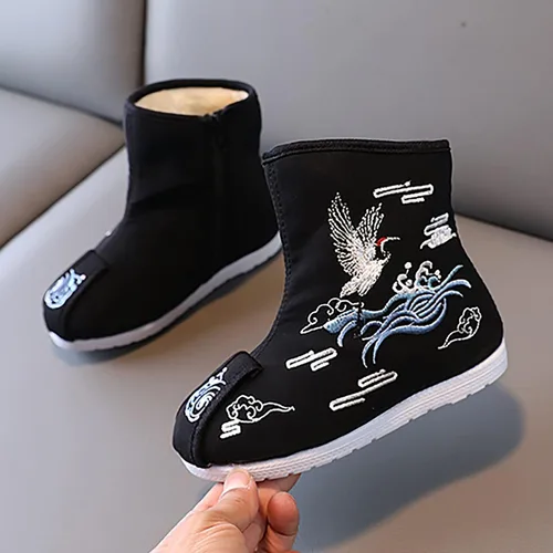 Miniatura 2 de 1-12T Botas de tacón alto para niños, zapatos de tela bordados, zapatos Hanfu para niños, botas de año chino, zapatillas para niñas