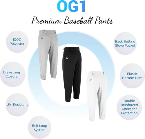 Miniatura 4 de OG1 Pantalón de béisbol prémium para jóvenes, 100% poliéster, longitud completa, parte inferior elástica