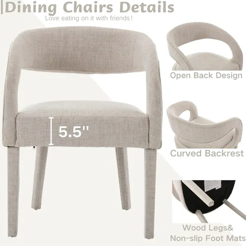 Miniatura 3 de Shunzhi Juego de 2 sillas de comedor modernas de barril, sillas tapizadas de lino para comedor con respaldo abierto, sillas de cocina, sillas