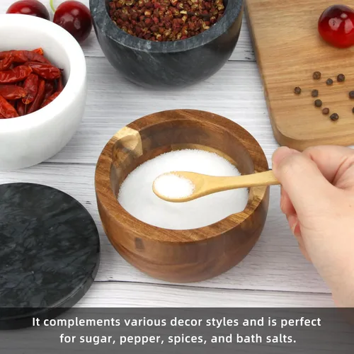 Miniatura 6 de Caja de Sal de Madera con Tapa de Mármol y Cuchara, Moderno Recipiente de Piedra Negra para Sal o Pimienta Azúcar Especias Condimentos, Contenedor