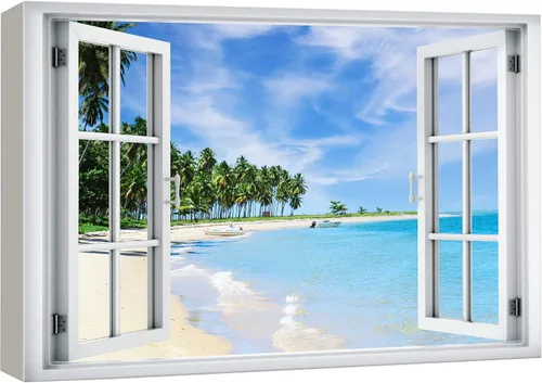 Miniatura 18 de wall26 - Cuadro en lienzo para pared, vista de ventana, atardecer neón, cielo, palmera tropical, playa, naturaleza, desierto, fotografía, realismo