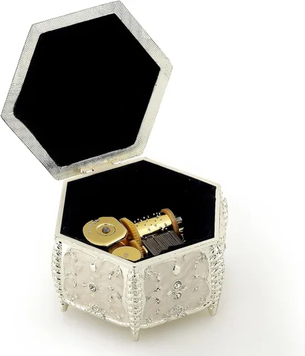 Miniatura 21 de ROSIKING Caja de música de aleación de metal en relieve en forma de corazón azul, caja musical antigua para joyería con cuerda, regalos