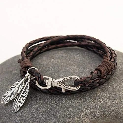 Miniatura 2 de Pulsera trenzada de cuero con dijes de plumas vintage, estilo punk multicapa, para hombres y mujeres