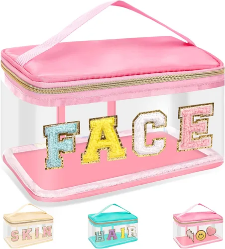 Miniatura 22 de izuzta Bolsas de maquillaje transparentes con letras de chenilla, bolsa de maquillaje de parche preppy con asa