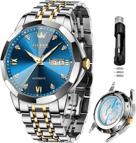 Miniatura 38 de OLEVS Reloj de pulsera automático con diseño de esqueleto para hombre, de lujo, con diamantes de lujo, de acero inoxidable, calendario, reloj