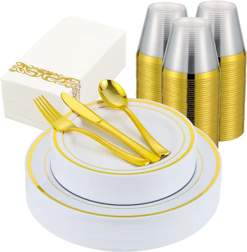 Miniatura 17 de Juego de vajilla de oro de 175 piezas para 25 invitados, platos desechables de plástico blanco con borde dorado resistentes para fiesta y boda