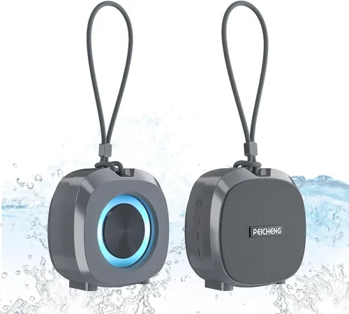 PEICHENG Altavoz, pequeño altavoz portátil Bluetooth inalámbrico IPX5 impermeable para ducha, sonido estéreo fuerte, graves profundos, par TWS, Gris