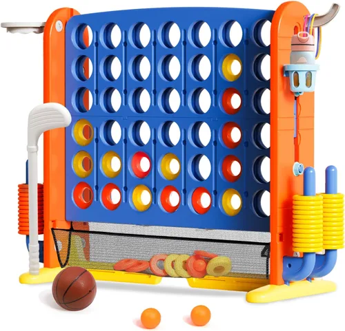 Juego Gigante de Conectar 4 en Fila con Tela de Malla | Altura Ajustable Set de Juego de Patio Jumbo 4-en-1 de 4-para-Anotar con Baloncesto, Golf y