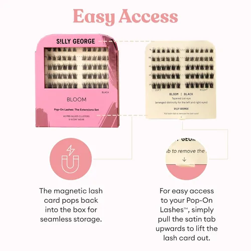 Miniatura 9 de Silly George Pestañas Pop-On – racimos de pestañas postizas prepegadas de 1 paso para bricolaje, extensiones de aspecto natural, Negro - Bloom