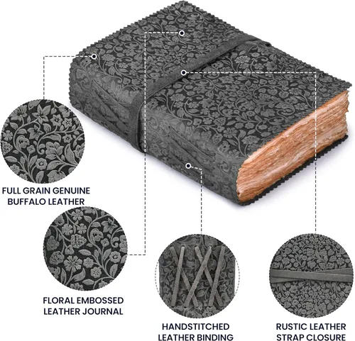 Miniatura 3 de LEATHER VILLAGE Diario floral en relieve encuadernado en cuero para mujeres y hombres, 200 páginas, 6 x 4 pulgadas (A6), negro - Libro de sombras