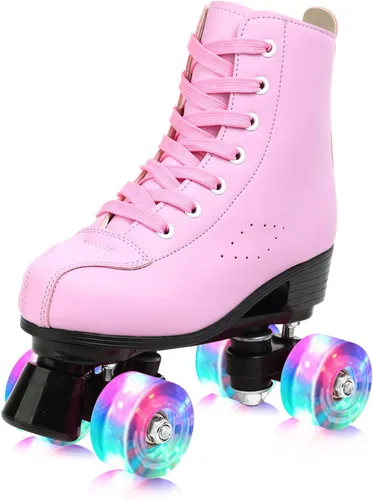 Miniatura 7 de Patines de ruedas para niñas y mujeres, cómodos patines de piel sintética de color degradado con ruedas flash, patines para interiores y exteriores