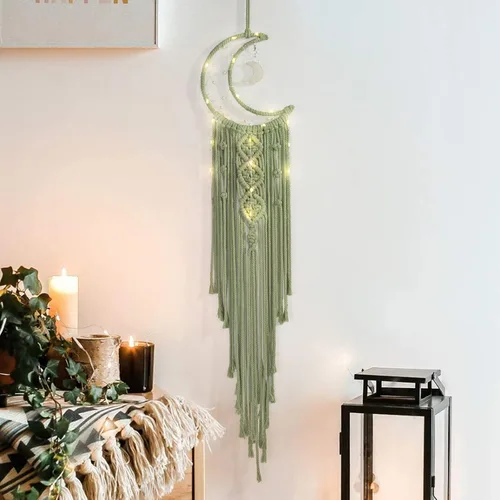 ANROYE Colgante de pared tejido de macramé bohemio, crochet, luna creciente, estrella, atrapasueños con borla larga, algodón verde, hecho a mano,