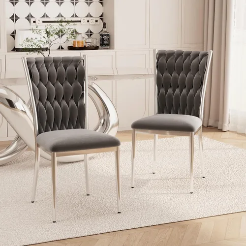Miniatura 20 de Juego de 2 sillas de comedor de terciopelo, modernas sillas de cocina tejidas con patas de metal dorado, cojín tapizado con respaldo alto