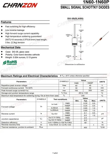 Miniatura 2 de Paquete de 100 unidades Chanzon 1N60P Schottky Barrera Rectificadora Diodos 50mA 45V DO-35 (DO-204AH) Axial IN60P 50 mA 45 voltios Diodo