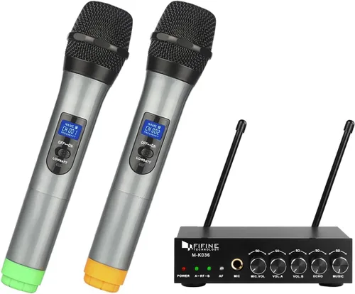 FIFINE Micrófono de mano inalámbrico UHF de doble canal, fácil de usar, sistema inalámbrico para karaoke K036