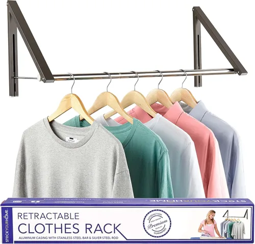 Miniatura 8 de Doble Perchero Plegable para Ropa con Barra Extensible, Perchero Retráctil Montado en Pared para Secador de Ropa, Barra de Secado Colgante, Pequeños