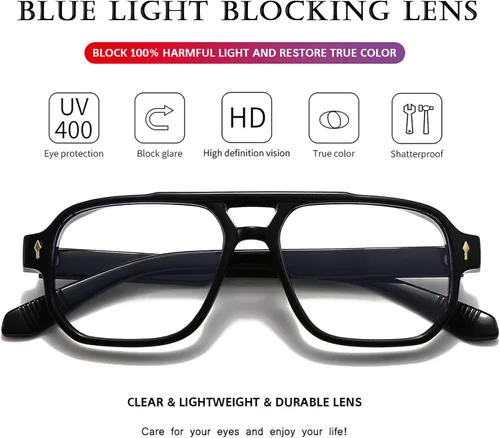 Miniatura 5 de PORADAY Gafas de Bloqueo de Luz Azul para Mujeres y Hombres Estilo Retro Cuadrado de los Años 70 Gafas de Aviador Gafas Rectangulares para A1 negro