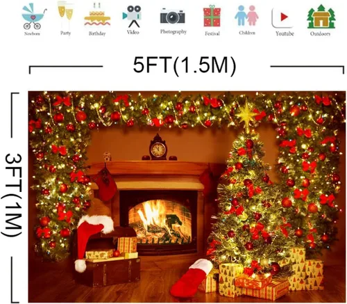 Miniatura 5 de Lofaris Telón de fondo de Navidad para chimenea, interior vintage, medias de árbol de Navidad, estrellas brillantes, fondo para fotografía, retrato