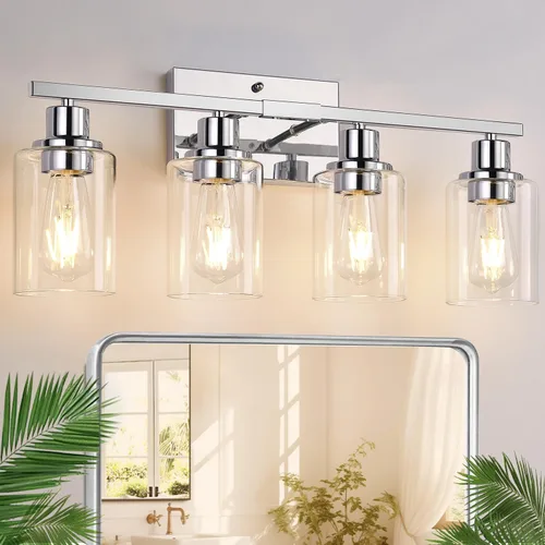 Miniatura 22 de Indoi Lámparas de baño de 4 luces, luces de tocador de níquel cepillado con pantallas de vidrio transparente, moderna lámpara de pared de baño