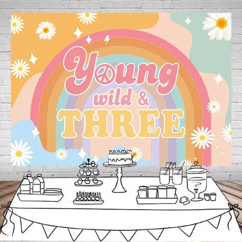 Miniatura 2 de Mocsicka Groovy Three - Fondo de 3 con texto en inglés "Young Wlid and Three Boho Rainbow Girls" para cumpleaños de tercer cumpleaños, diseño