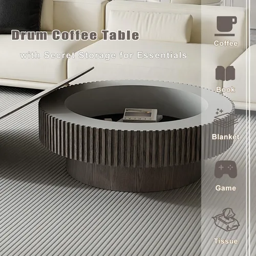 Miniatura 5 de Mesa de centro redonda de 39 pulgadas con almacenamiento, moderna mesa de centro de madera con chapa de madera maciza, mesa central circular