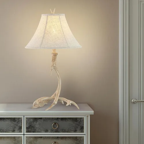 Miniatura 6 de JONATHAN Y Lámpara de mesa de resina rústica beige de 27.5 pulgadas para sala de estar, dormitorio, pantalla de lino gris claro, lámpara de mesita