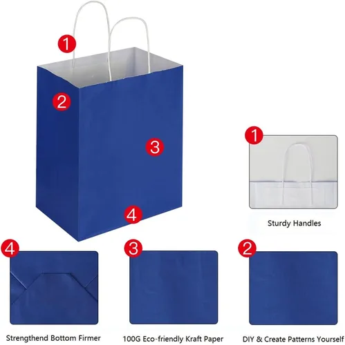Miniatura 3 de Oikss Paquete de 100 bolsas de papel kraft medianas de 8 x 4.75 x 10 pulgadas con asas a granel para cumpleaños, bodas, fiestas, comestibles, Azul