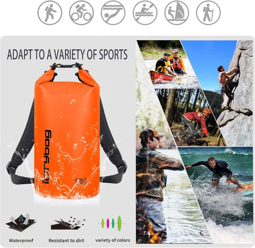 Miniatura 5 de IDRYBAG Bolsa seca para kayak impermeable 2L/5L/10L/15L/20L, pequeña bolsa impermeable para navegación Naranja
