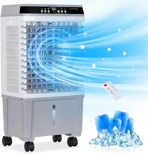 Uthfy Enfriador de aire evaporativo de 1800 CFM, aire acondicionado 3 en 1 con motor de cobre, tanque de agua de 5.3 galones, 6 paquetes de hielo,