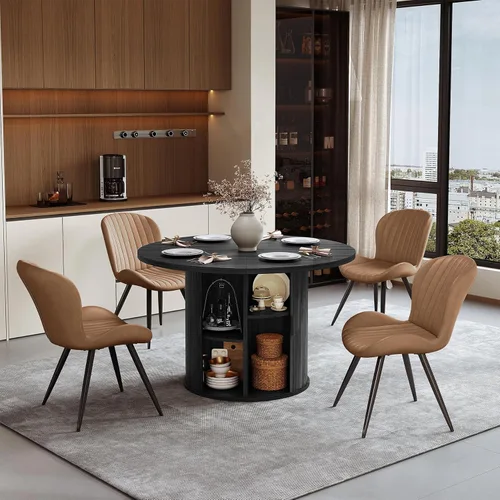 Miniatura 9 de Miereirl Juego de mesa y sillas de comedor moderno redondo, con una mesa de comedor de madera equipada con compartimentos de almacenamiento