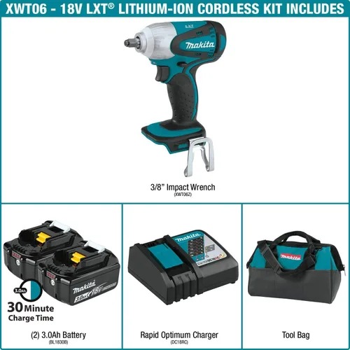 Miniatura 2 de Makita XWT06 18V LXT® Kit de llave de impacto sin cable de iones de litio de 3/8" de accionamiento cuadrado (3.0Ah)