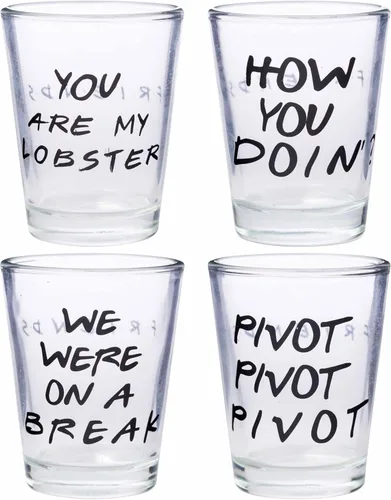 Silver Buffalo Friends - Frases icónicas "You're My Lobster", "How You Doin'", "Pivot" y "We Were On A Break!", Paquete de 4 mini gafas, 1.5 onzas