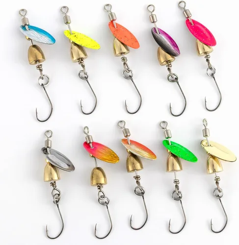 Dr.Fish Paquete de 10 señuelos giratorios de pesca en línea con un solo gancho para trucha, spinnerbait, kits de señuelos Bass Crappie Salmón Kit de