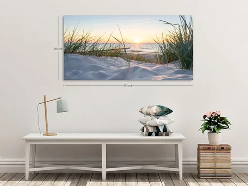 Miniatura 2 de Lienzo de playa al atardecer para pared, dunas de arena costeras con imagen de hierba de playa, paisaje natural del océano, arte moderno de paisaje