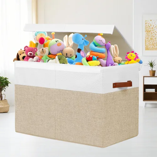 Miniatura 2 de Gowee Caja Grande de Almacenamiento de Juguetes con Tapa, Cofre Organizador Resistente para Guardar Juguetes con Divisores para Niños, Niñas, Beige