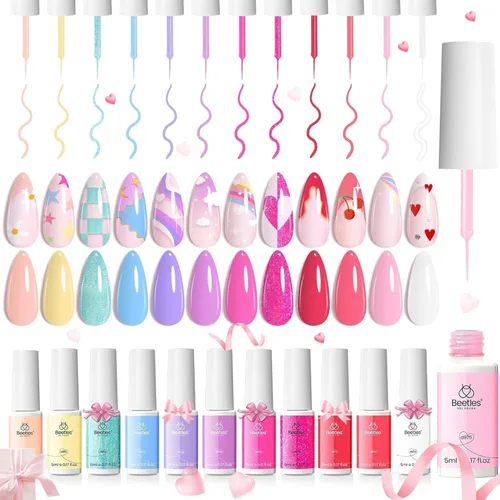 Miniatura 10 de beetles Gel Polish 12 piezas de esmalte de gel blanco nude, rojo y verde, pintura en remolino, arte de uñas en gel, pincel fino integrado
