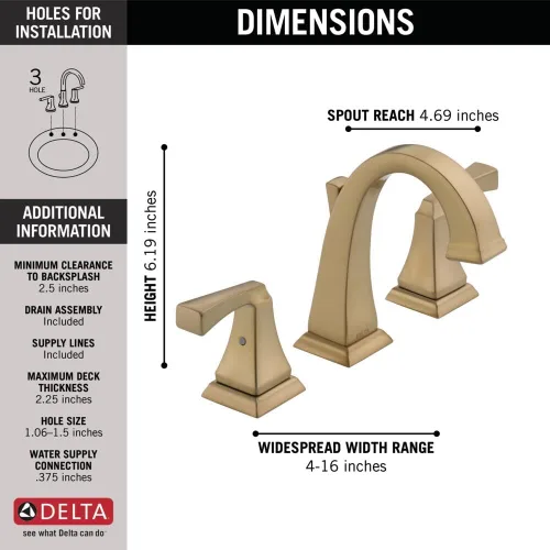Miniatura 4 de Delta Dryden - Grifo de baño dorado cepillado de 3 agujeros, grifo de lavabo de baño de 8 pulgadas para tocador, conjunto de drenaje de metal