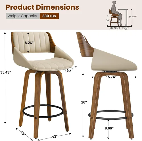 Miniatura 3 de Juego de taburetes de bar de 1, taburetes de bar giratorios de 26" de altura de mostrador con respaldo y patas de madera curvada de nogal, sillas