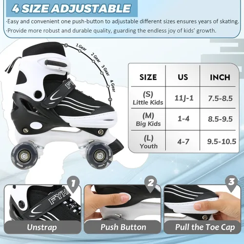 Miniatura 2 de Patines para niños y niñas, niños principiantes, 4 tamaños ajustables, patines cuádruples para niños y jóvenes, con ruedas iluminadas para deportes