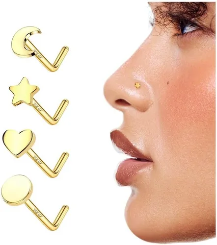 Miniatura 10 de 4 piezas de anillos de nariz de 20G bañados en oro de 14K para mujeres y hombres, anillos de nariz en forma de L, joyería hipoalergénica