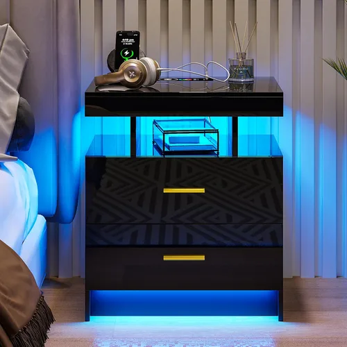 Miniatura 8 de Mesita de noche LED con estación de carga, moderna mesita de noche negra con luz de sensor corporal, mesita de noche con 2 cajones de almacenamiento