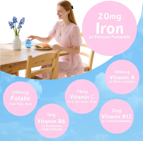 Miniatura 6 de Suplemento multivitamínico de hierro - con vitamina C, B12 y fumarato ferroso - Impulso de energía, inmune y apoyo de la sangre - Deliciosos sabores