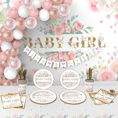 Decoraciones de baby shower para niña, 242 piezas de decoraciones florales para baby shower, suministros de fiesta con fondo, vajilla desechable (25