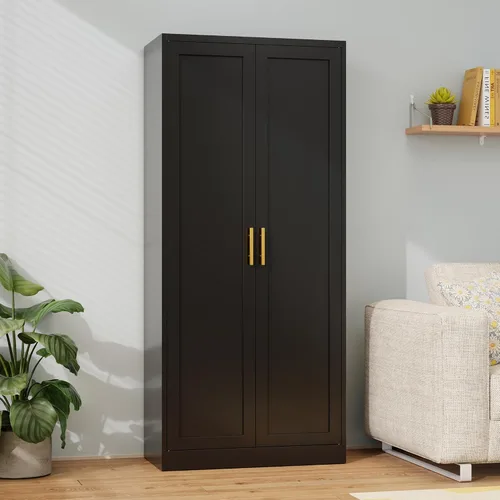 Miniatura 2 de Gabinete de metal para despensa de cocina, 71 pulgadas de alto x 28 pulgadas de ancho x 14 pulgadas de profundidad con 2 puertas y 4 estantes Negro