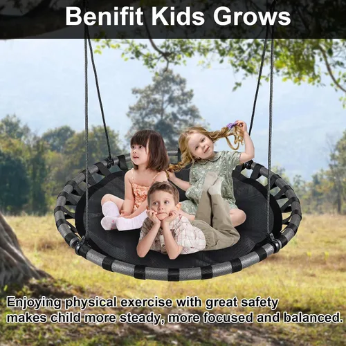 Miniatura 6 de Columpio de árbol de platillo negro de 43 pulgadas para niños, columpio redondo volador impermeable y resistente a todo tipo de clima, tapete