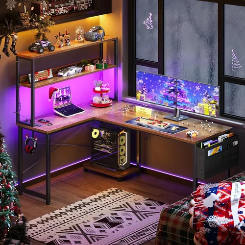 Miniatura 2 de ODK - Escritorio en forma de L de 53 pulgadas con iluminación LED, escritorio reversible para juegos con tomas de corriente, mesa de computadora