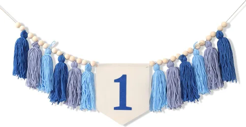 Miniatura 10 de Cartel de primer cumpleaños, tema de borla rosa para niña, decoración de fiesta de primer cumpleaños, telón de fondo de fotos, para colgar en la Azul