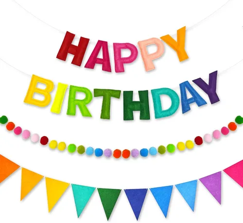 Miniatura 11 de CANREVEL Pancarta de Feliz Cumpleaños 3D Pre-enhebrada, 3 PIEZAS Guirnalda de Fieltro Negro Feliz Cumpleaños, Guirnalda de Pompones, Banderines