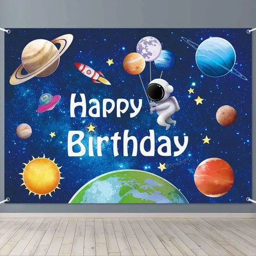 Pancarta de fondo de feliz cumpleaños de planetas astronautas espaciales, suministros de decoración de fiesta de cumpleaños para niños, sistema